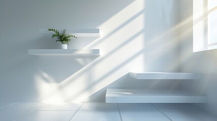 Aufkleber - modern minimalistic cozy white home interior background white wall with shelves and design wall and floor sunlight beams from window and shadows white background with spotlights : Generative AI