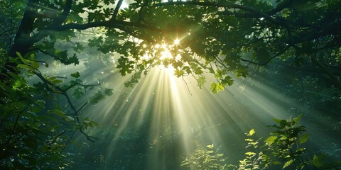 Wall Mural - Sun Shining Through Trees. Sunlight Rays Illuminating Green Forest Nature