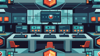Wall Mural - security control room interior with multiple monitors displaying video vector illustration