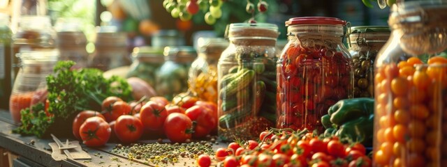 Wall Mural - Glass jars filled with various preserved vegetables on rustic market table