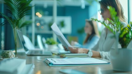 Fototapete - Office expert and business people in meeting teamwork and planning with feedback for funding proposal Accounting broker and employees with conversation review finances and trading with : Generative AI