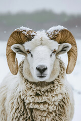 Wall Mural - A sheep with large horns standing in the snow