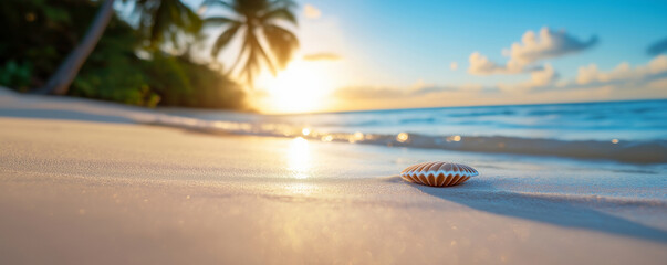 A close-up of a seashell resting on the pristine sand of a tropical beach, with the golden light of the rising sun casting a warm glow over the scene.