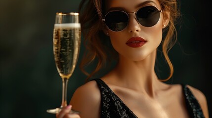 Wall Mural - Beautiful elegant young fashion woman with sunglasses in a trendy black dress with a vintage glass of champagne on a dark background in the studio Lady celebrating a birthday at a part : Generative AI