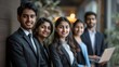 © Generative AI - Group portrait of Indian asian young business people or executives with laptop and wears suit : Generative AI