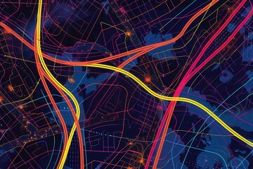 Aufkleber - Colorful lines and routes overlay a stylized map, illustrating connectivity and navigation for logistics and transportation services. Generative AI