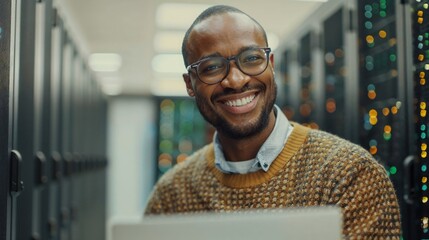 smiling it technician working in a data center