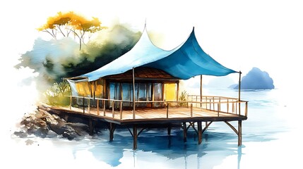 Wall Mural - Watercolor Painting of a Wooden Cabin on Stilts Over the Water.