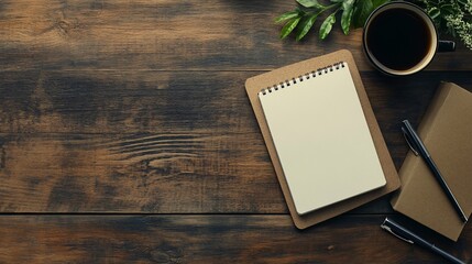 Wall Mural - Top view of a wooden desk with a blank notebook pen and cup of coffee leaving ample space in the center for text or other items