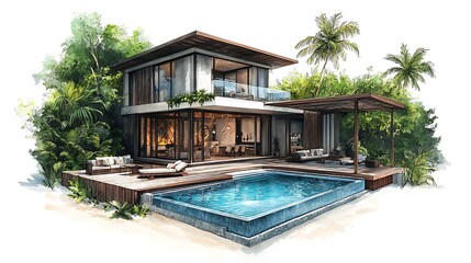 Poster - Watercolor Illustration of a Modern Tropical Villa with a Private Pool.