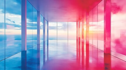 Wall Mural - Abstract architectural space with pink and blue gradient, reflecting the ocean and sky.