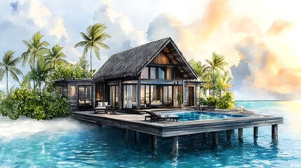 Poster - Tropical Beach House with Private Pool and Palm Trees Watercolor Illustration.