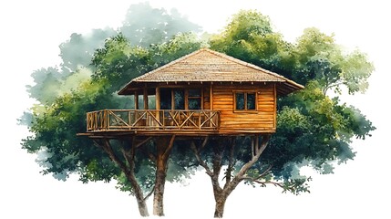 Canvas Print - Watercolor Illustration of a Treehouse in a Lush Forest.