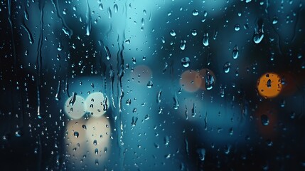 Poster - Rain drops on the window surface dark blue clouds visible through the rain Rainy background : Generative AI