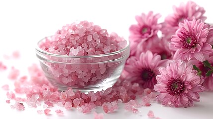 Glass container of pink sea salt natural soap and beautiful chrysanthemum flowers isolated on white : Generative AI