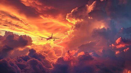 Wall Mural - Commercial airplane flying above dramatic clouds during sunset. 