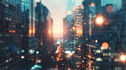 Poster - A dreamy cityscape at sunset, featuring illuminated buildings, lens flares, and a blend of urban energy and tranquility.