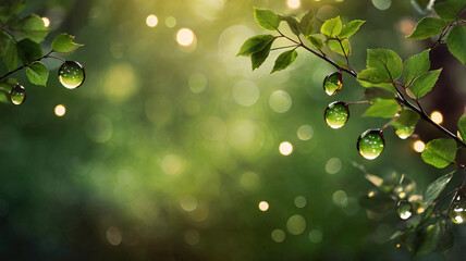 Wall Mural - nature green leaves and raindrops background