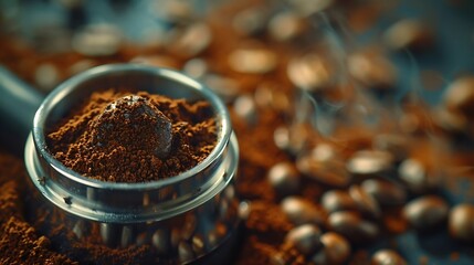 Wall Mural - Tamped puck of coffee grounds within basket of portafilter and coffee beans spilled around in a dark and moody scene of natural light : Generative AI