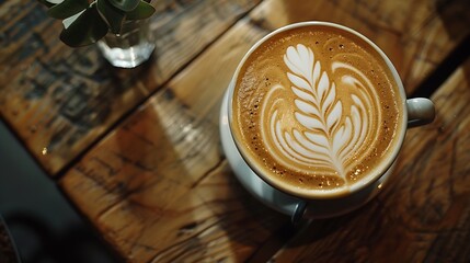 Aufkleber - Top view of hot coffee latte art on wood table : Generative AI