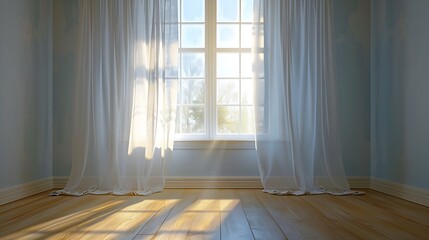 Aufkleber - Backlit window with white curtains in empty room : Generative AI