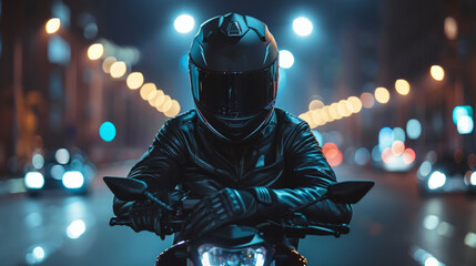 Wall Mural - a night scene with a motorcyclist in leather jacket and helmet on parked bike in the city. bokeh lig