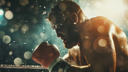 Sticker - A determined boxer, drenched in sweat, focuses intensely amidst a flurry of light and water droplets, embodying the essence of the sport.