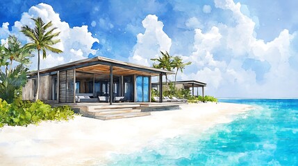 Poster - Tropical Beach House with Watercolor Effect.