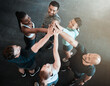 © Haas/peopleimages.com - Wellness, high five and people with fitness, celebration and happiness with support, together and teamwork. Endurance, challenge and healthy group with hand gesture, workout and training from above
