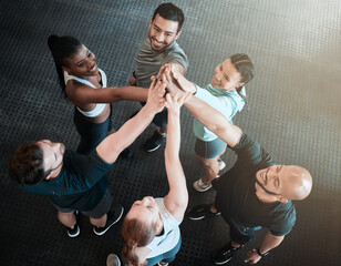 Wall Mural - Wellness, high five and people with fitness, celebration and happiness with support, together and teamwork. Endurance, challenge and healthy group with hand gesture, workout and training from above