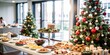 © hobonski - Festive Office Christmas Party with Delicious Food. A beautifully decorated office space with Christmas trees and festive lights, set up for a holiday party.
