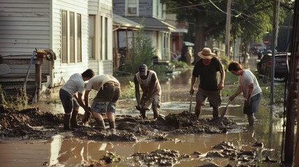 Sticker - Volunteers in a rural area work diligently to clear floodwater and debris, embodying the spirit of unity and perseverance.