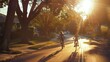 © VK Studio - Two children cycle down a tree-lined street, bathed in the warm hues of a setting sun, embodying freedom, peace, and a sense of simple joy.