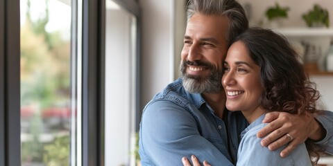 Wall Mural - A man and woman are hugging each other in a room with a window. They are both smiling and seem to be enjoying each other's company