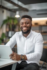 Wall Mural - A young man with a beard and a white shirt is smiling and holding a tablet. He is sitting at a table in a room with a potted plant in the background