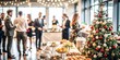 © hobonski - Festive Office Christmas Party with Delicious Food. A beautifully decorated office space with Christmas trees and festive lights, set up for a holiday party.