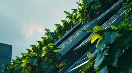 Sticker - Sunlight filters through abundant green leaves adorning modern architectural structures, blending nature with urban innovation.