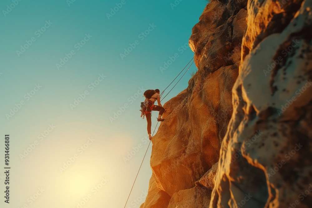 An alpinist faces extreme challenges on a high cliff, mastering the ...