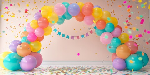 A festive birthday party featuring a decorative balloon arch in pink and blue, filled with happiness