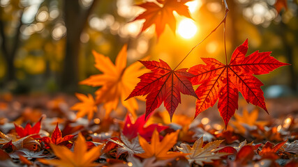 Autumn colorful bright leaves on tree in autumnal park. Autumnal pattern background fall backdrop. Raindrops and serene sunset light, soft focus bokeh blur tranquil. Magical mood, colorful foliage. AI