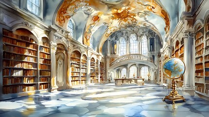 Poster - Watercolor Painting of a Grand Library Interior with a Globe.