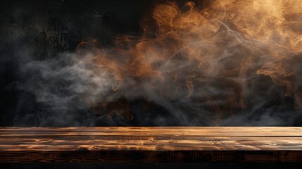 Aufkleber - On a black background an empty wooden table with smoke floats up Empty space for displaying your products with a smoke float up on a dark background Space available for displaying your : Generative AI
