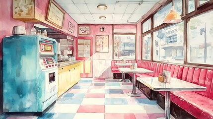 Sticker - Watercolor Illustration of a Retro Diner Interior with Pink Booths.