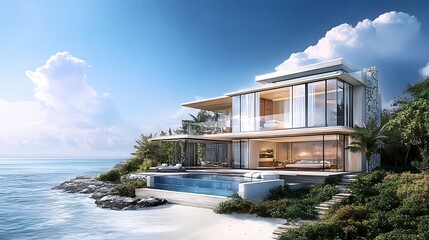 Canvas Print - Modern Coastal Villa with Infinity Pool and Ocean View.