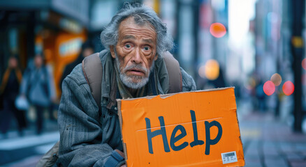 Wall Mural - A homeless man holding up an orange sign that says 