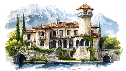 Sticker - Watercolor painting of a grand stone house with a tower, overlooking a lake and mountains.