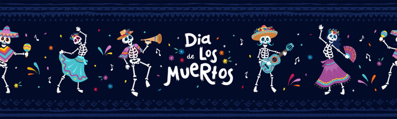 cute hand drawn day of the dead illustrations, colorful skeletons dancing and making music with flow