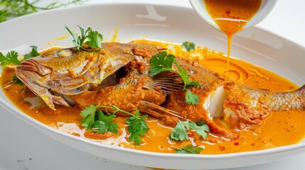 Wall Mural - A delicious fish dish sizzling in a rich, golden curry, garnished with fresh cilantro, evoking a mouth-watering and aromatic culinary experience.