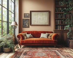 Emotional vintage living room featuring warm wooden furniture, velvet sofa, antique frames on walls, bookshelf with books, antique lamp, large windows for natural light