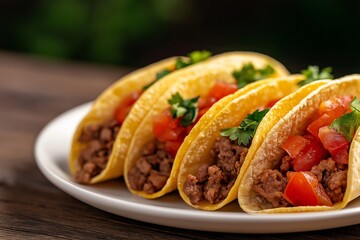 Close-up of Ground Beef Tacos with Tomatoes and Cilantro on a White Plate